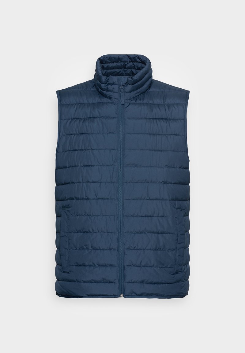 Veste matelassée sans manches bleu marine avec fermeture éclair devant et deux poches latérales, col montant, présentée sur fond clair.