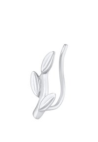Sølvmetal væghook formet som en plante-stilk med to blad-lignende accenter. Glat tekstur med en blank overflade, designet til at hænge ting op.