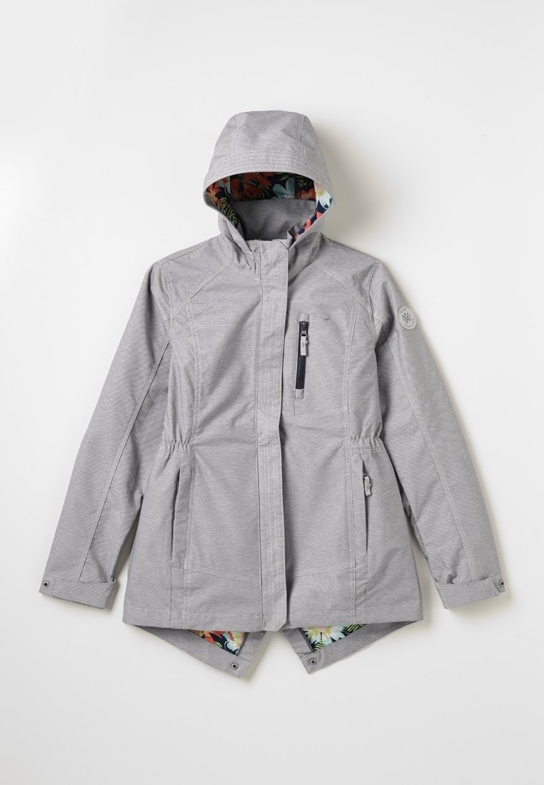 Veste à capuche gris clair avec doublure intérieure à motif floral, fermeture éclair devant et poches, taille élastique et poignets boutonnés.