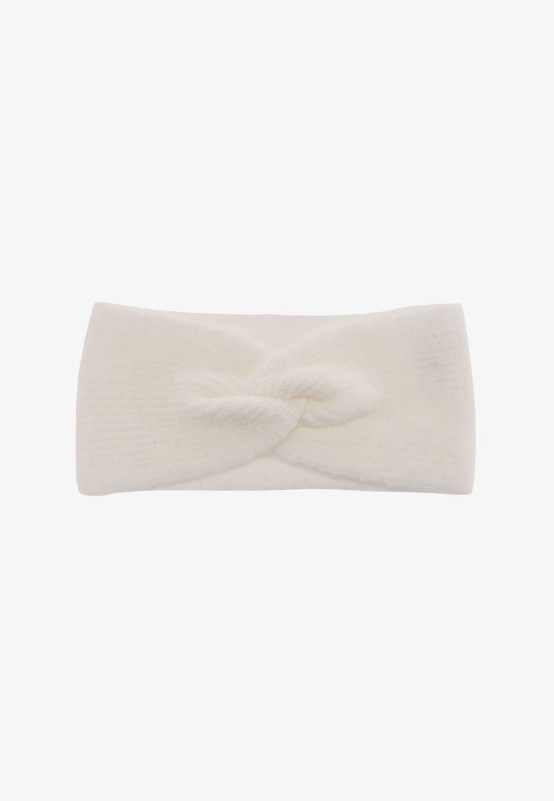 White knitted headband with a twisted knot detail at the front, featuring a soft texture and a solid color.