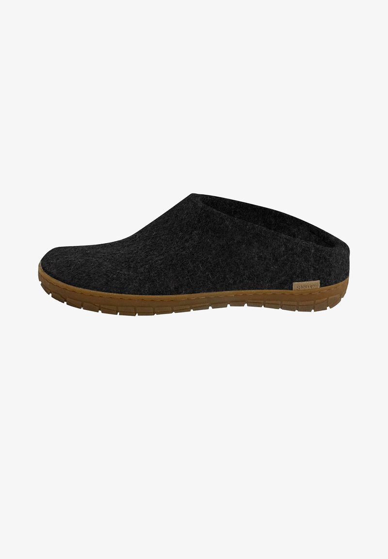 Dark gray felt slip-on shoe with a rounded toe, textured upper, and contrasting tan rubber sole featuring a patterned tread.