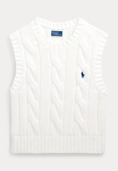 Balta bezroku kabelveida džemperis ar riboto apakšu. Uz krūškrūts ir neliels izšūts zils logotips. Teksturēts, mīksts audums.