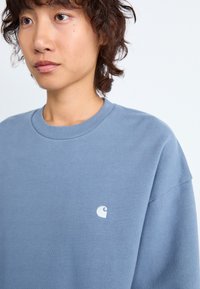 Blue sweatshirt made of cotton, featuring a round neckline and relaxed fit. Front displays a small white logo on the left chest area.
