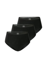 Black cotton briefs set of three with a high-rise design, featuring a scalloped lace trim at the waistband and a smooth texture.