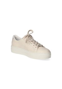 Beige leather sneakers with a textured back, round toe, and flat rubber sole; features matching laces and simple stitching details.