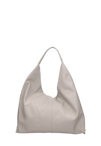 Borsa hobo grigio chiaro realizzata in pelle testurizzata. Presenta un manico rotondo singolo e una grande apertura superiore con un design morbido e non strutturato.