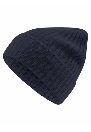 Navy ribbed knit beanie with a folded cuff. Made of soft, textured fabric. Features vertical lines and a snug fit.