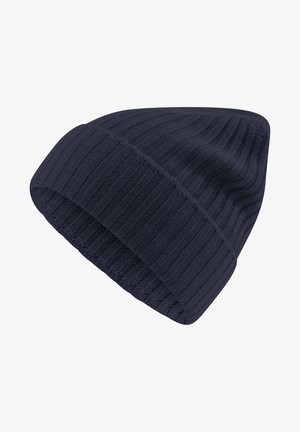 Berretto a coste di colore blu navy con risvolto. Realizzato in un morbido tessuto testurizzato. Presenta righe verticali e una vestibilità aderente.