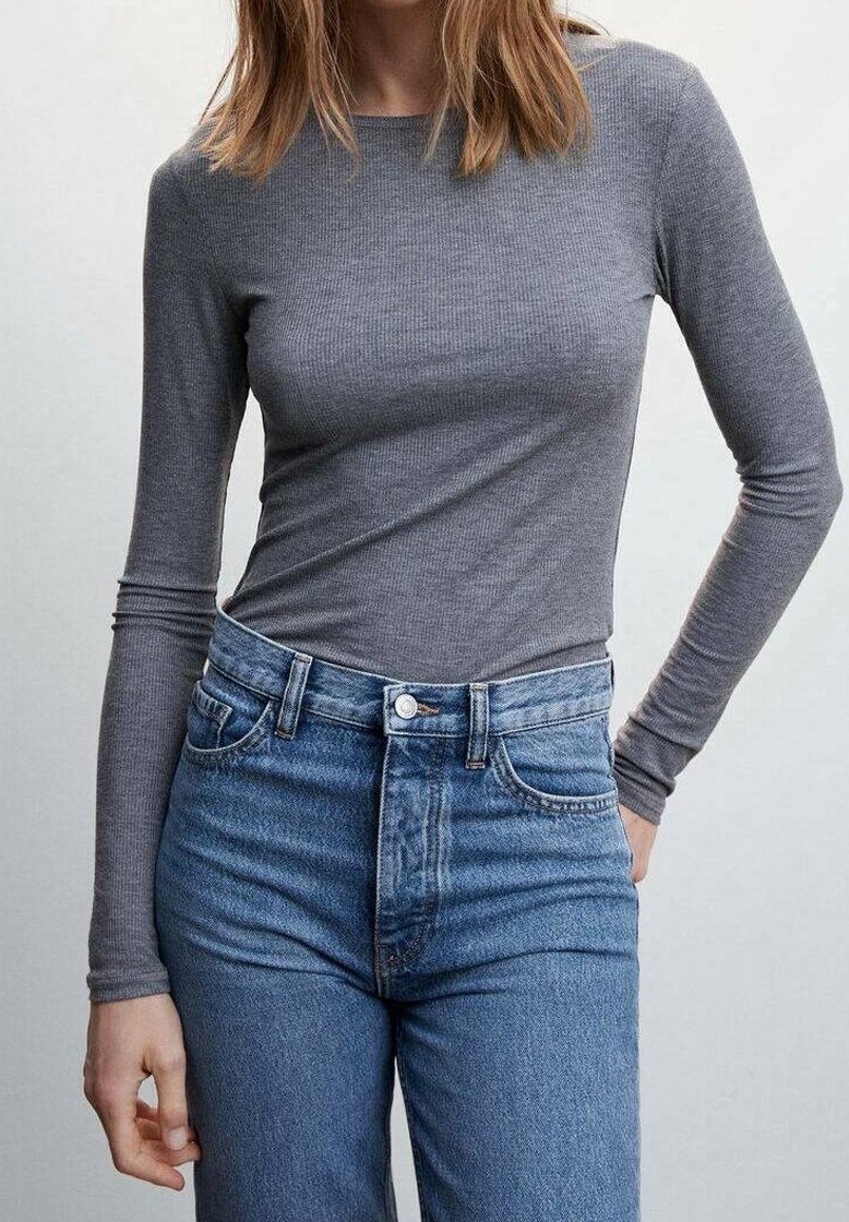 Gray long-sleeve ribbed top paired with high-waisted light blue denim jeans. The fabric appears soft with a fitted design and standard neckline.