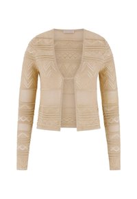 Beige neulottu neuletakki, jossa on v-pääntie, pitkät hihat ja teksturoituja geometrisia kuvioita. Avointa mallia oleva edusta, jossa monimutkaiset yksityiskohdat kauttaaltaan.