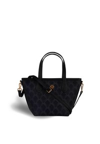 Borsa nera con motivo a diamante testurizzato, doppi manici, tracolla regolabile e logo in accentuazione dorata. Materiale in pelle liscia, forma strutturata.