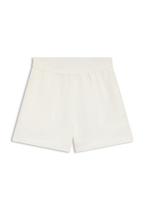 Proste białe szorty z elastycznym pasem, luźnym krojem i prostą linią, przedstawione na białym tle.