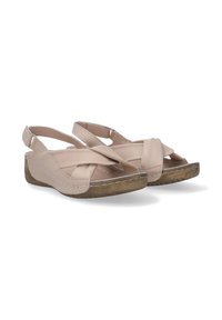 Beige Leder-Sandalen mit Kreuzdesign, offener Ferse und niedrigem Keilsohle. Mit gesticktem Detail und strukturiertem braunen Außensohle.