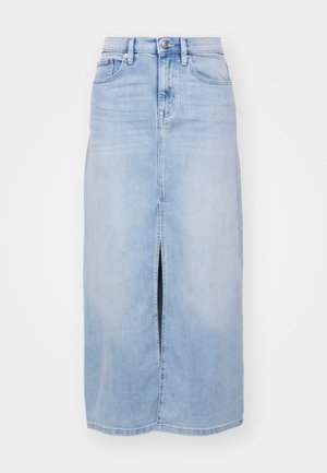 Hele sinine denimsärk, millel on ees lõhe, viie taskuga disain ja nupuga kinnitamine. Kanga pind on sile ja veidi tuhm.