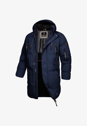 Marineblå pufferjakke med tekstureret finish, lynlåslukning foran, justerbar hætte og flere lynlåslommer på fronten og ærmerne.