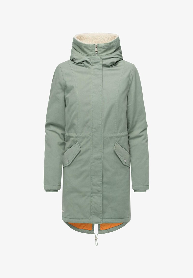 Light green hooded parka jacket with a plush interior, featuring side pockets, a zip closure, and an orange lining. Smooth, textured fabric.