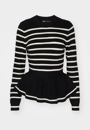 Pull noir à manches longues en maille avec des rayures horizontales blanches et un bas patineur évasé à la taille.