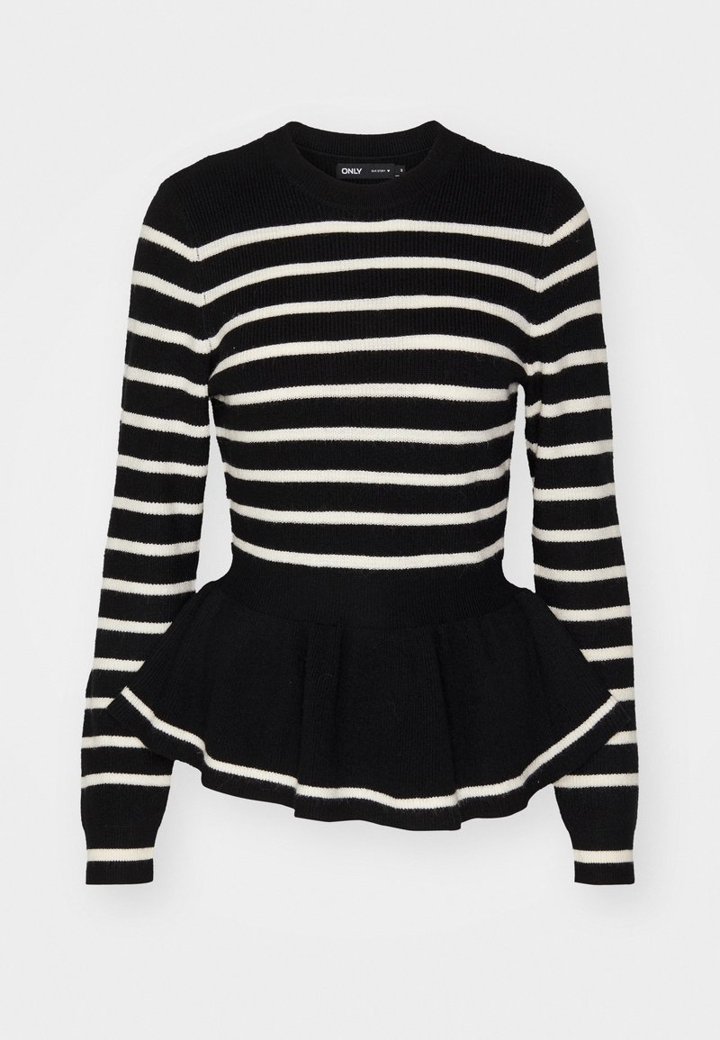 Pull noir à manches longues en maille avec des rayures horizontales blanches et un bas patineur évasé à la taille.