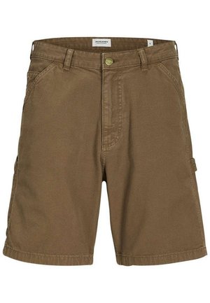 Shorts en coton marron à coupe droite, avec une fermeture à bouton, des passants de ceinture et deux poches avant. Texture lisse, sans motifs visibles.