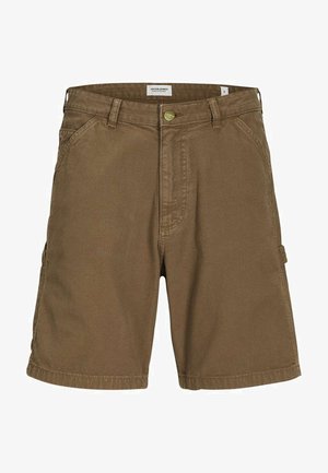 Shorts en coton marron à coupe droite, avec une fermeture à bouton, des passants de ceinture et deux poches avant. Texture lisse, sans motifs visibles.