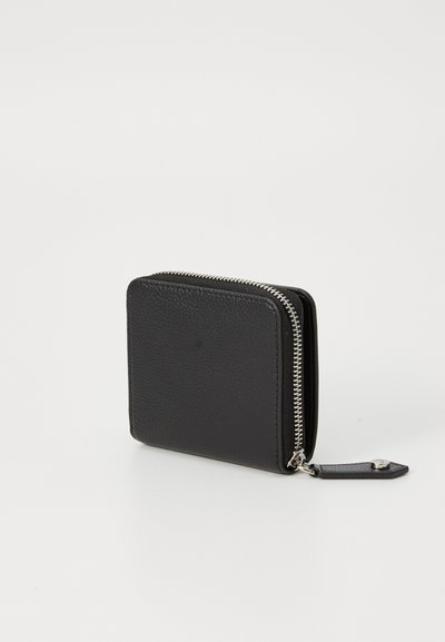 Black leather wallet, square shape with a textured finish. Features a silver zipper closure and a small leather pull tab.
