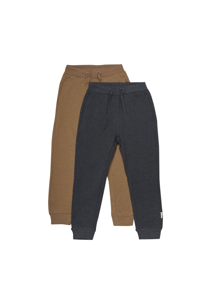Zwei Paare Jogginghosen: eine in Braun und eine in Dunkelgrau. Beide verfügen über elastische Bund, Kordelzüge und einen elastischen Abschluss an den Knöcheln.