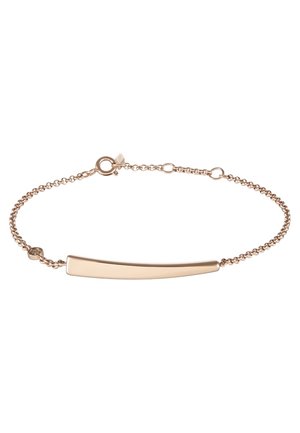 Delikat armbånd i rosaguld med en glat buet stang og en fjeder-ring lukning på en hvid baggrund.