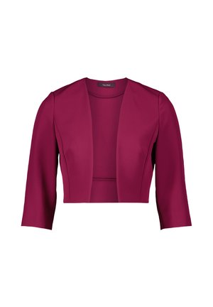 Magenta cropped jacket, smooth fabric, open front design, three-quarter sleeves, minimalistic style, no fastenings or embellishments.