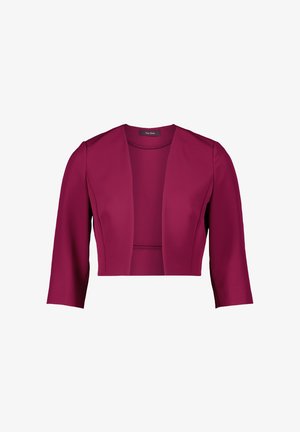 Magenta verkürzte Jacke, glattes Material, offenes Frontdesign, dreiviertellange Ärmel, minimalistischer Stil, ohne Verschlüsse oder Verzierungen.