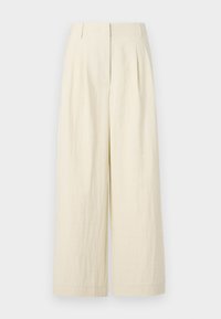 Cream-colored, wide-leg trousers made from a textured fabric. Features front pleats and a high waist, offering a loose fit throughout.