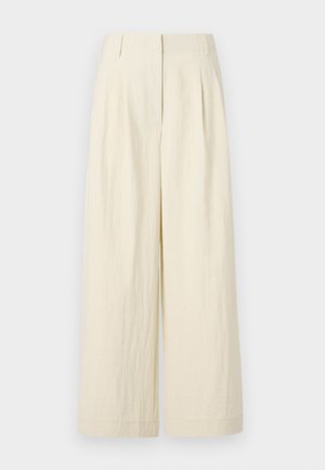 Crème-kleurige, wijde broek gemaakt van een gestructureerde stof. Voorzien van plooien aan de voorkant en een hoge taille, wat zorgt voor een losse pasvorm.