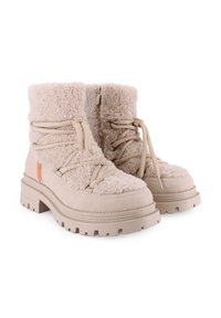 Botas beige de piel de pelo hasta la mitad de la pantorrilla con un acabado texturizado, que cuentan con suelas gruesas, cordones distintivos y una cremallera lateral para un fácil uso.