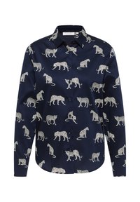 Marineblaues Hemd mit wiederholtem Leopardenmuster in Weiß. Aus glattem Stoff gefertigt, hat es einen Button-Down-Kragen und lange Ärmel.