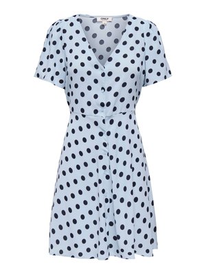 Šviesiai mėlyna trumpomis rankovėmis suknelė juodais taškeliais, V formos iškirpte, sagomis priekyje ir prigludusiu juosmeniu.