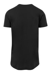 Black short-sleeve t-shirt with a round neck and a straight cut, featuring a smooth cotton texture and a plain design without patterns.