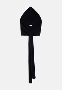 Czarna kaptur z filcu o spiczastym czubku i długich, zwisaj�ących trokach. Minimalistyczny design z widoczną metką w pobliżu środka. Miękka faktura.