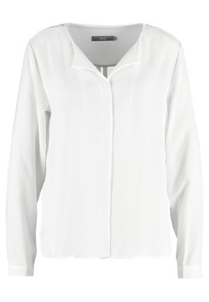 Hvit langermet bluse i lett stoff med en litt løs passform, med v-hals og skjult knapplukking foran.