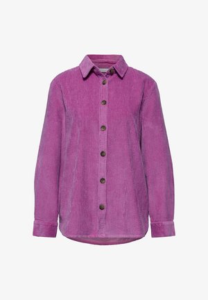 Pink corduroy shirt featuring a button-down front, collar, long sleeves, and a slightly curved hem. Textured ribbed fabric and brown buttons.