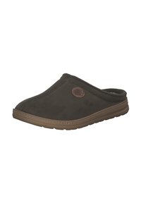 Braune Slipper aus weichem Wildleder mit runder Zehenpartie, dezentem Nähen und brauner Gummisohle. Verfügt über ein kleines Logo-Patch.