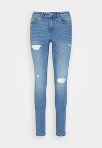 Ljusblå denim skinny jeans med slitna detaljer, tre synliga knähål, en klassisk femficksdesign och dragkedja.