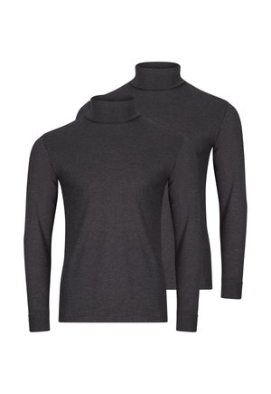 Dwie ciemnoszare koszulki z długim rękawem i golfem, ułożone obok siebie na białym tle.