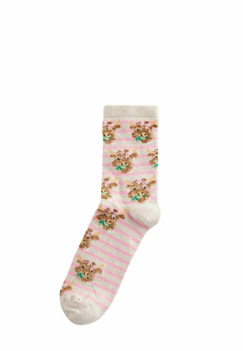 Rosa gestreifte Socken mit hellbeigem Zeh, die ein sich wiederholendes Muster von Cartoon-Tiergesichtern mit Schleifen und bunten Akzenten zeigen.