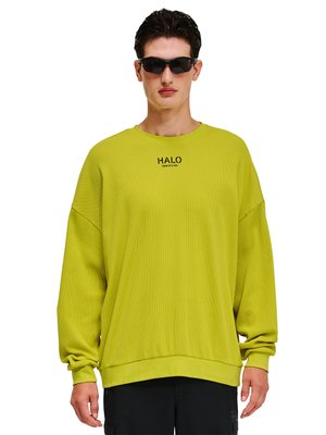 Mand iført limegrøn oversized sweatshirt med teksten "HALO" på brystet og sort solbriller, der står mod hvid baggrund.