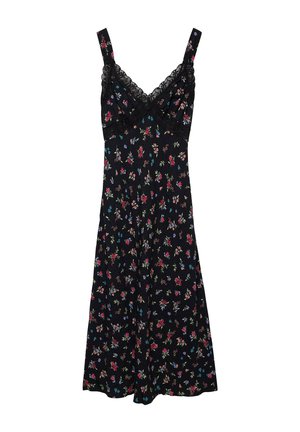 Black floral slip dress with lace trim neckline and thin shoulder straps, featuring small pink, blue, and purple flowers.