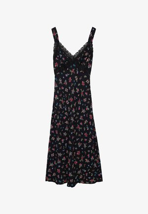 Black floral slip dress with lace trim neckline and thin shoulder straps, featuring small pink, blue, and purple flowers.