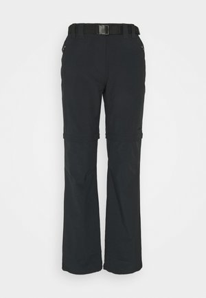 Pantalones convertibles negros con cinturón, bolsillos laterales con cremallera y secciones inferiores de pierna desmontables para una longitud ajustable.