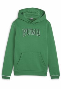 Felpa verde in misto cotone, con tasca a marsupio, cappuccio con cordoncino e dettagli bianchi sui polsini. Logo "PUMA" in bianco.