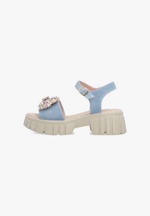Chunky heeled light blue suede sandal with adjustable ankle strap and multicolored woven detail on front strap.
