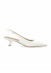 Valge läikiv patentnahast slingback-konts, millel on terav nina ja madal plokk-konts. Omab reguleeritavat rihma ja siledat pinda.