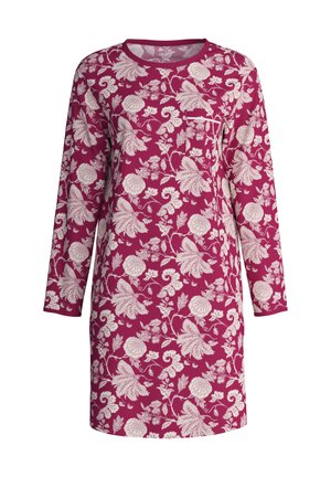 Langsleeve jurk in een levendige bordeauxrode kleur met witte bloemenpatronen. Heeft een ronde hals en een zak op de linkerborst. Gemaakt van zachte stof.